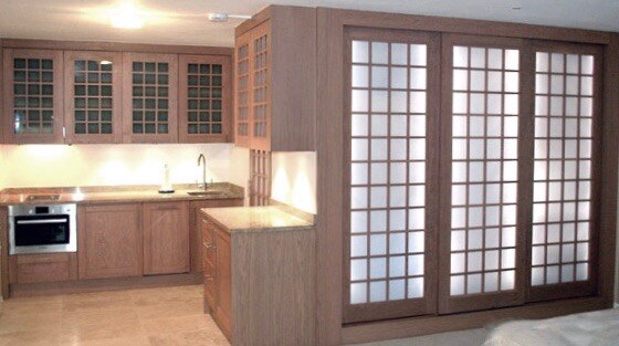Oak kitchen with shoji-style sliding screen doors