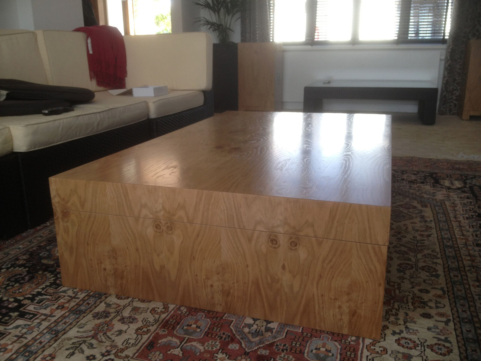 Large bespoke oak coffee table with figured grain
