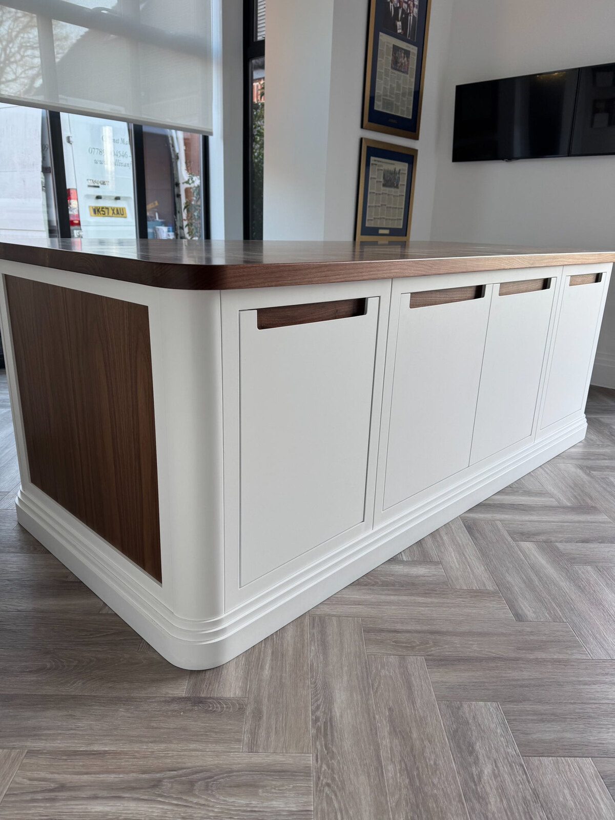 Bespoke island desk with walnut top, painted base and walnut side panel