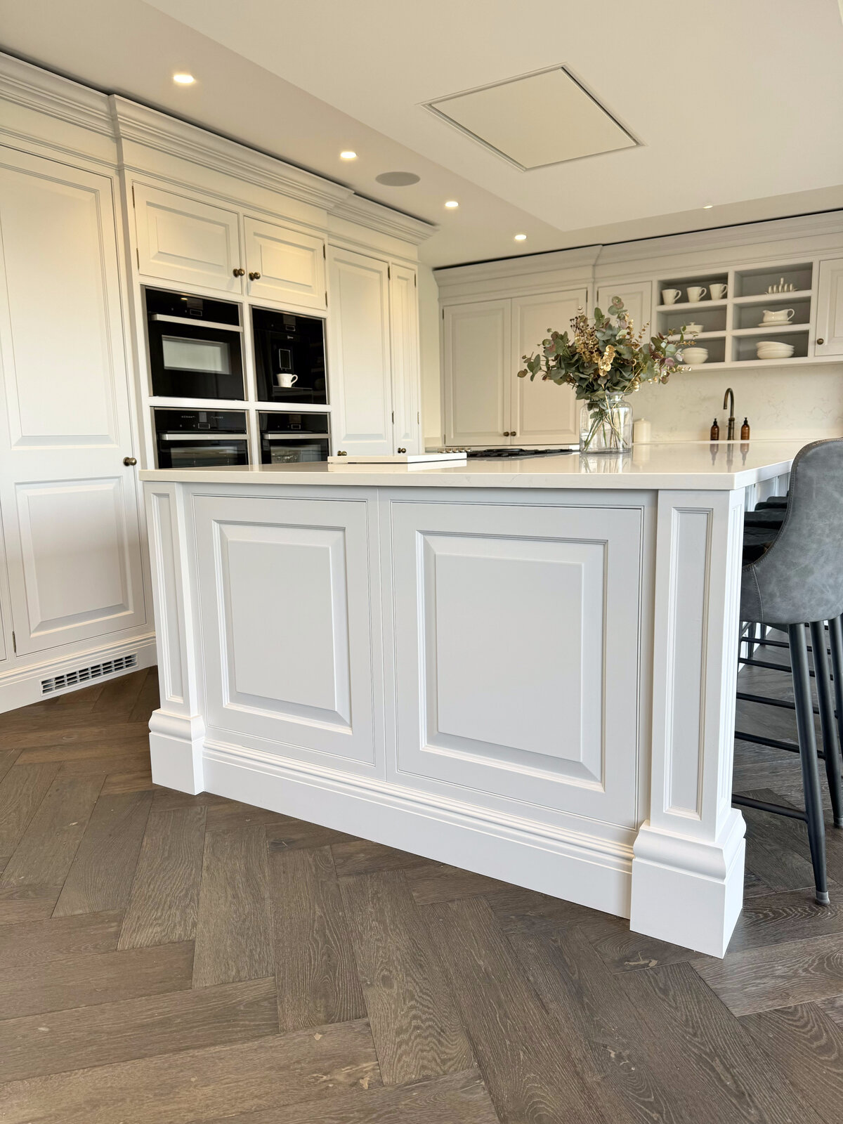 Shaker kitchen island with herringbone floor