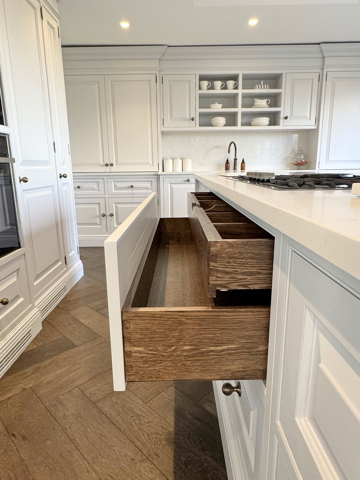 Bespoke solid oak wine drawer detail
